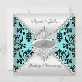 Elegante 25e trouwdag-jubileum tealblauwe damast kaart (Voorkant)