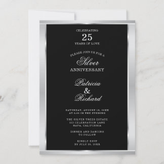 Elegante 25e trouwdag zwart en zilver kaart
