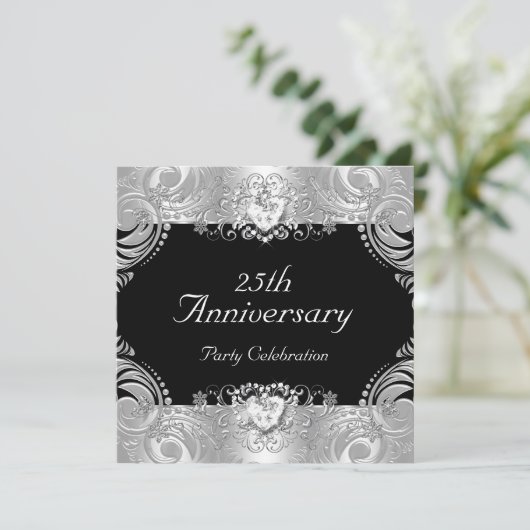 Elegante 25e verjaardag Zwart Zilver Wit 2 Kaart (Staand voorkant)