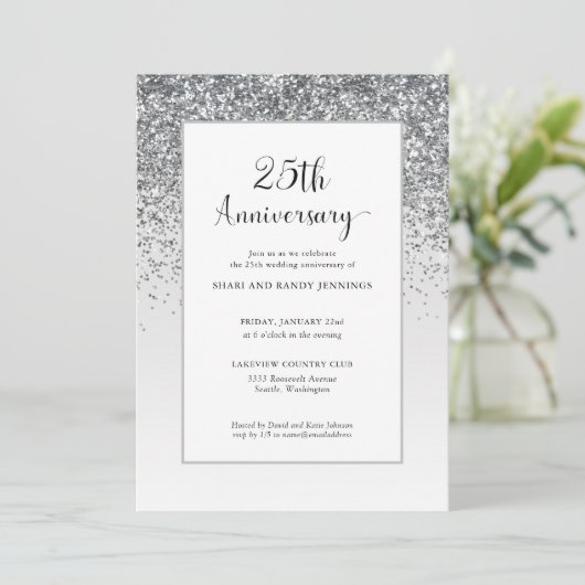 Elegante 25e zilveren glitters huwelijksjubileum kaart (Staand voorkant)