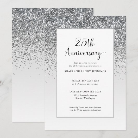 Elegante 25e zilveren glitters huwelijksjubileum kaart (Voorkant / Achterkant)