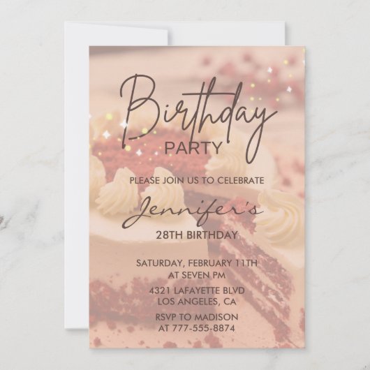 Elegante 28e verjaardag uitnodigingen Cake Sparkle (Voorkant)