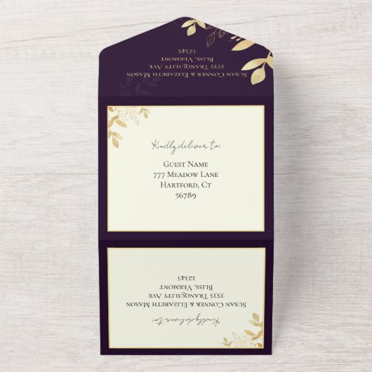 Elegante 2 bruiden Dark Plum LGBTQ Pride Bruiloft All In One Uitnodiging (Buitenkant)