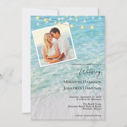 Elegante 2 foto aan zee String Lights Beach Kaart (Voorkant)