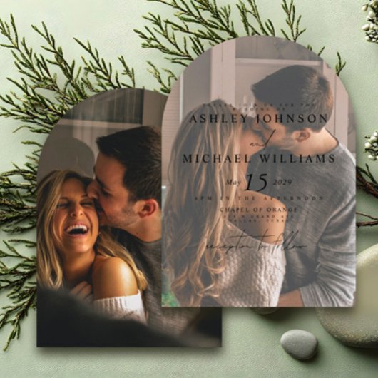 Elegante 2 foto boog overlay bruiloft uitnodiging
