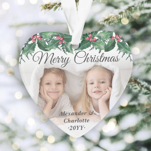 Elegante 2 Foto Hulstgroen Prettig Kerstfeest Ornament