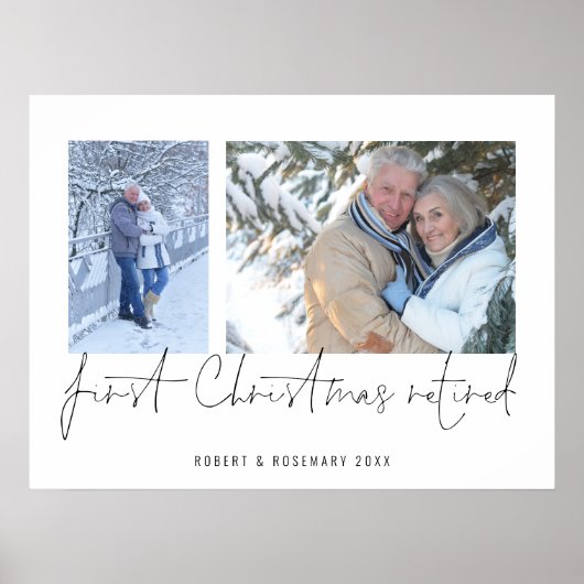 Elegante 2 Foto Script Naam 1e Kerstmet Pensioen Poster (Voorkant)