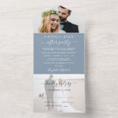 Elegante 2 foto stoffige blauwe bruiloft receptie all in one uitnodiging (Binnen)
