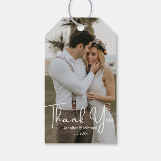 Elegante 2 foto's Modern script bruiloft dank u Cadeaulabel (Voorkant)