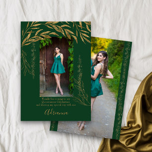 Elegante 2 foto's smaragdgroen en bladgoud bedankkaart