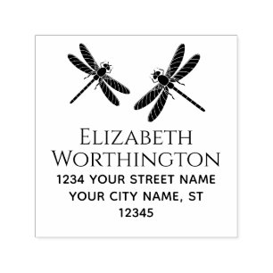 Elegante 2 Libellen Naam Retouradres Monogram Zelfinktende Stempel