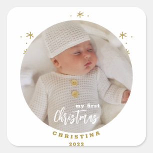 Elegante 2-zijdige Mijn Eerste Kerst Baby Foto Vierkante Sticker
