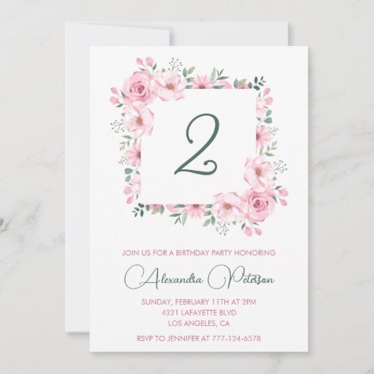 Elegante 2e verjaardag uitnodigingen Floral Pink (Voorkant)