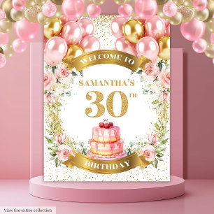 Elegante 30 Verjaardag Blush Gouden Feestbanner Wandkleed