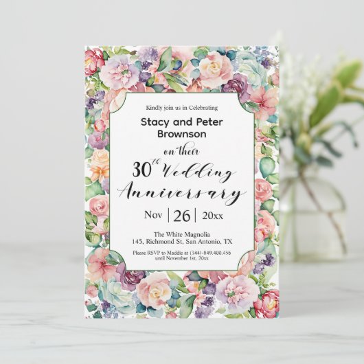 Elegante 30e bruiloft Jubileum kleurrijke bloem Kaart (Staand voorkant)