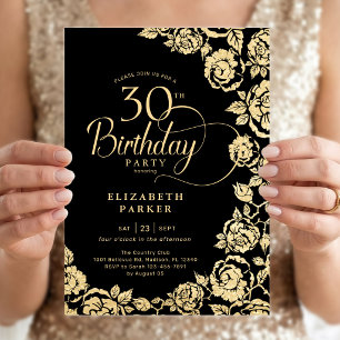 Elegante 30e verjaardag Zwarte Gouden Rozen Kaart