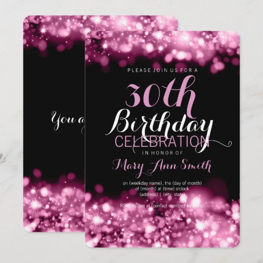 Elegante 30e verjaardagsfeest roze sprankelende li kaart (Voorkant / Achterkant)