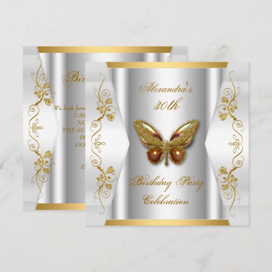 Elegante 30e verjaardagsfeest witte gouden vlinder kaart (Voorkant / Achterkant)