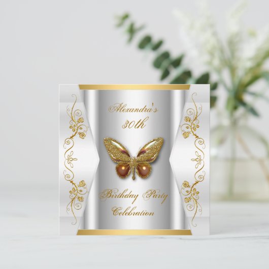Elegante 30e verjaardagsfeest witte gouden vlinder kaart (Staand voorkant)