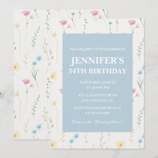 Elegante 34e verjaardag uitnodigingen Floral Boho  (Voorkant / Achterkant)