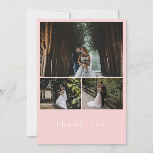 Elegante 3 foto Blush roze minimalistische bruilof Bedankkaart (Voorkant)