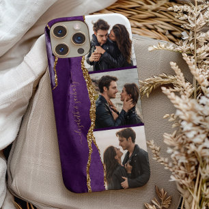 Elegante 3 foto collage namen paars goud agaat Case-Mate iPhone case