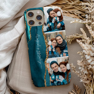Elegante 3 foto collage namen teal goud agaat Case-Mate iPhone case