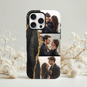 Elegante 3 Foto Collage Namen Zwart Goud Agaat Case-Mate iPhone Case