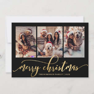 Elegante 3-foto-collage Zwart en Goud Kerstmis Feestdagenkaart