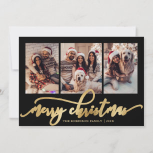 Elegante 3-foto-collage Zwart en Goud Kerstmis Feestdagenkaart