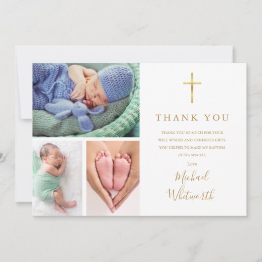 Elegante 3 foto gouden handtekening script doop bedankkaart (Voorkant)