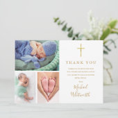 Elegante 3 foto gouden handtekening script doop bedankkaart (Staand voorkant)