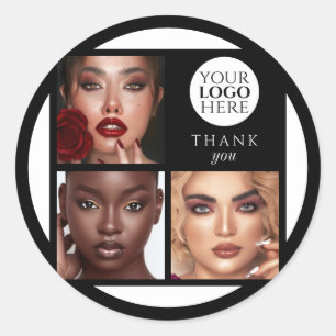 Elegante 3 Foto Tekst Zwart Logo Bedankt Make-up Ronde Sticker