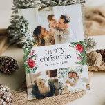 Elegante 3 foto Winter Botanische Vrolijke Kerstmi Feestdagenkaart<br><div class="desc">Dit collectie is voorzien van waterverf rode bloemen,  bessen & wintergroen met een moderne en elegante typografie,  met een winterbotanische patroonrug.</div>