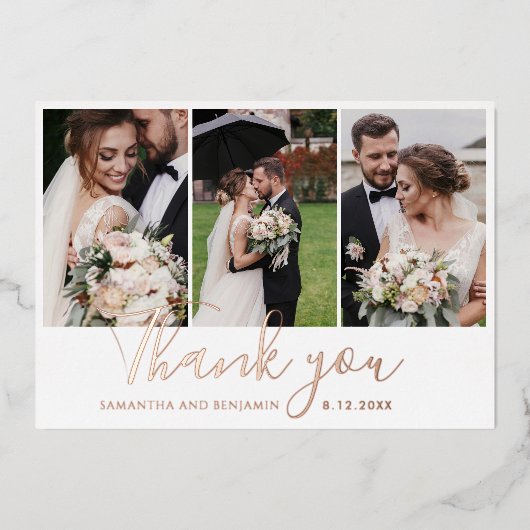 Elegante 3 trouwfoto's Dank u Gold Foil Kaart (Voorkant)