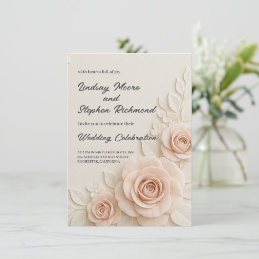 Elegante 3D Blush Roos bruiloft uitnodiging Romant (Staand voorkant)