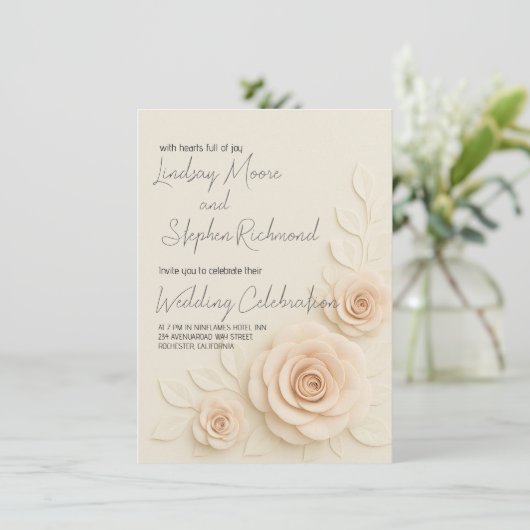 Elegante 3D Blush Roos bruiloft uitnodiging Romant (Staand voorkant)