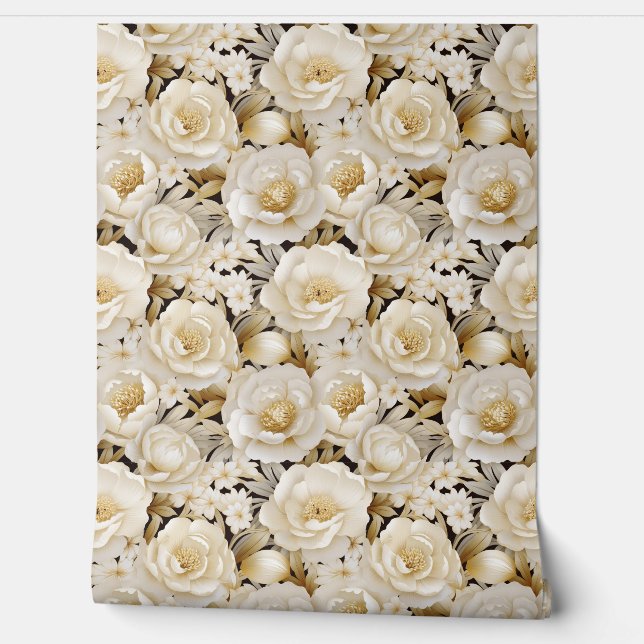 Elegante 3d crème en gouden bloemen lente bloemen behang (Afrollen)