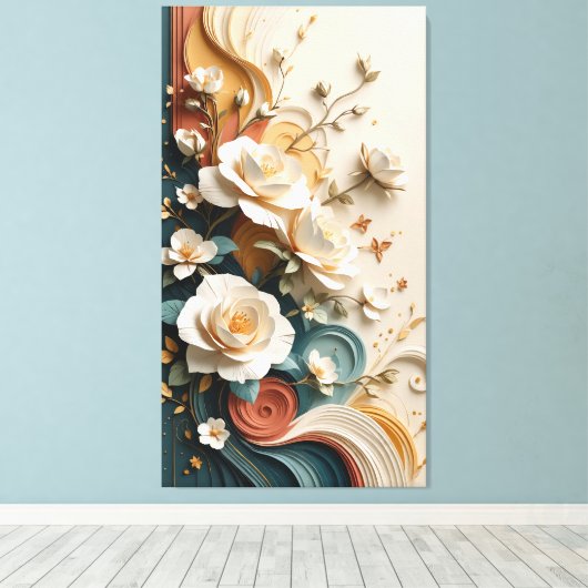 Elegante 3D gebeeldhouwde rozen Canvas Afdruk (Insitu (Houten vloer))
