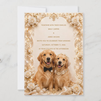 Elegante 3D Golden Retriever Trouwuitnodiging | G Kaart