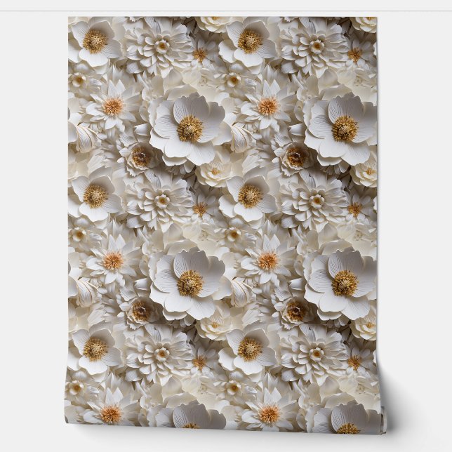 Elegante 3d wit en goud bloemen lente bloemen behang (Afrollen)