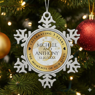 Elegante 3e leren huwelijksverjaardag tin sneeuwvlok ornament