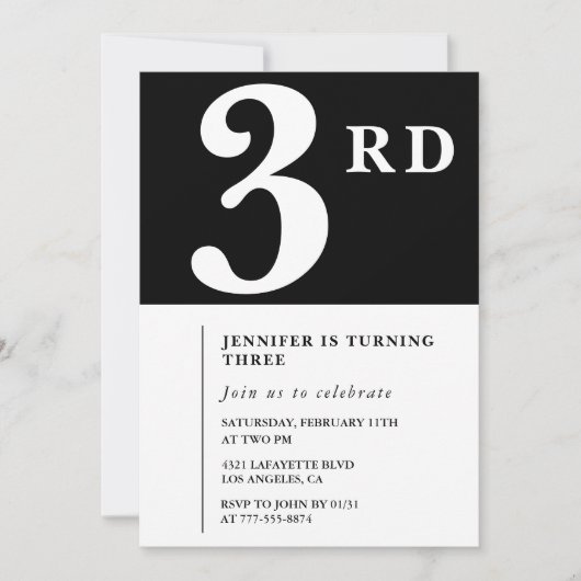 Elegante 3e verjaardag uitnodiging Black Chic Girl (Voorkant)