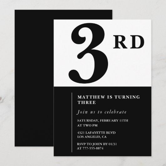 Elegante 3e verjaardag uitnodiging Black Chic Mode (Voorkant / Achterkant)