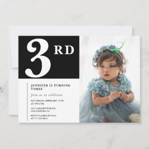 Elegante 3e verjaardagsuitnodiging Zwart Chic Foto Kaart