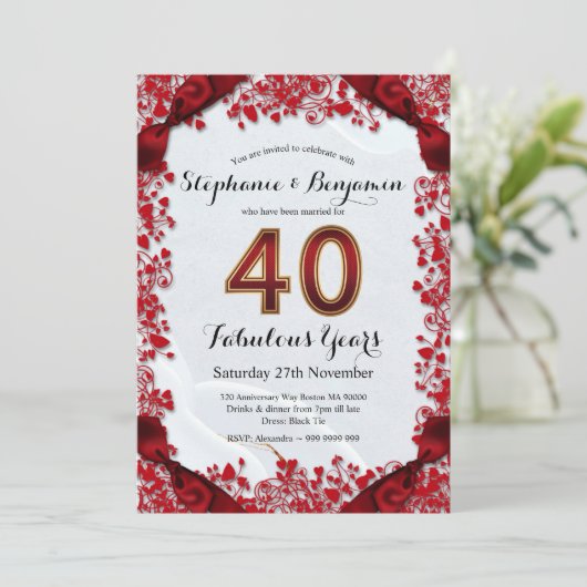 Elegante 40e trouwjubileum Robijn Chic Lijst Kaart (Staand voorkant)