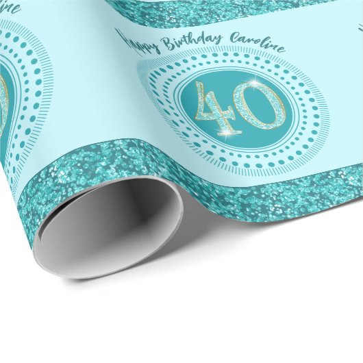 Elegante 40e verjaardag Blauwgroen Blue Glitter &  Cadeaupapier (Rol Hoek)