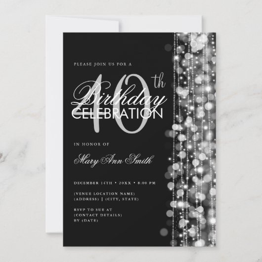 Elegante 40e verjaardag Glam Sparkles Zilver Zwart Kaart (Voorkant)