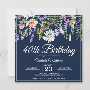 Elegante 40e verjaardag Navy Blue Wildflowers Kaart