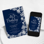 Elegante 40e verjaardag Navy Zilveren Rozen Kaart